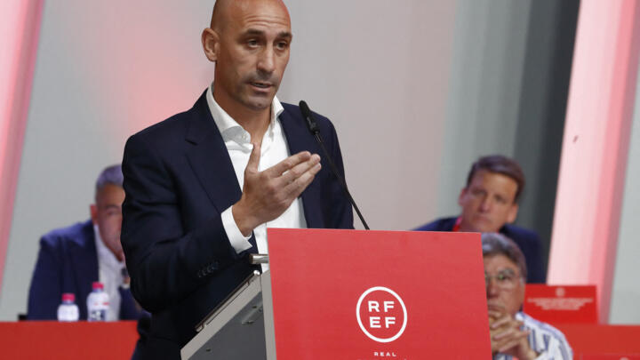 RFEF President Luis Rubiales delivers a speech during a general assembly of the federation in Las Rozas de Madrid on August 25, 2023.