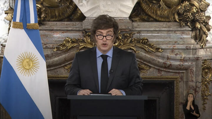 Argentina's President Javier Milei speaks on national broadcasting to announce the submission of the 2026 budget to Congress, September 15, 2025 in Buenos Aires.