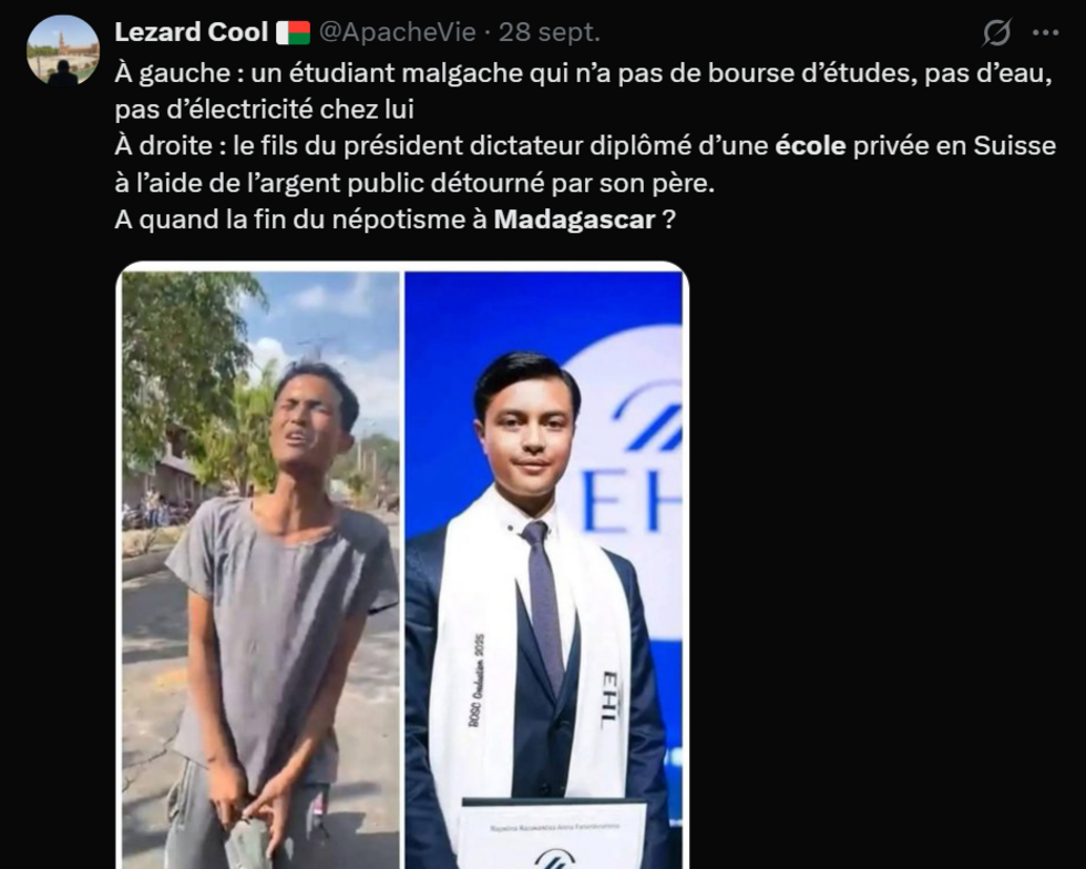 Screenshot of an X account denouncing the lifestyle of the son of Madagascar's president.