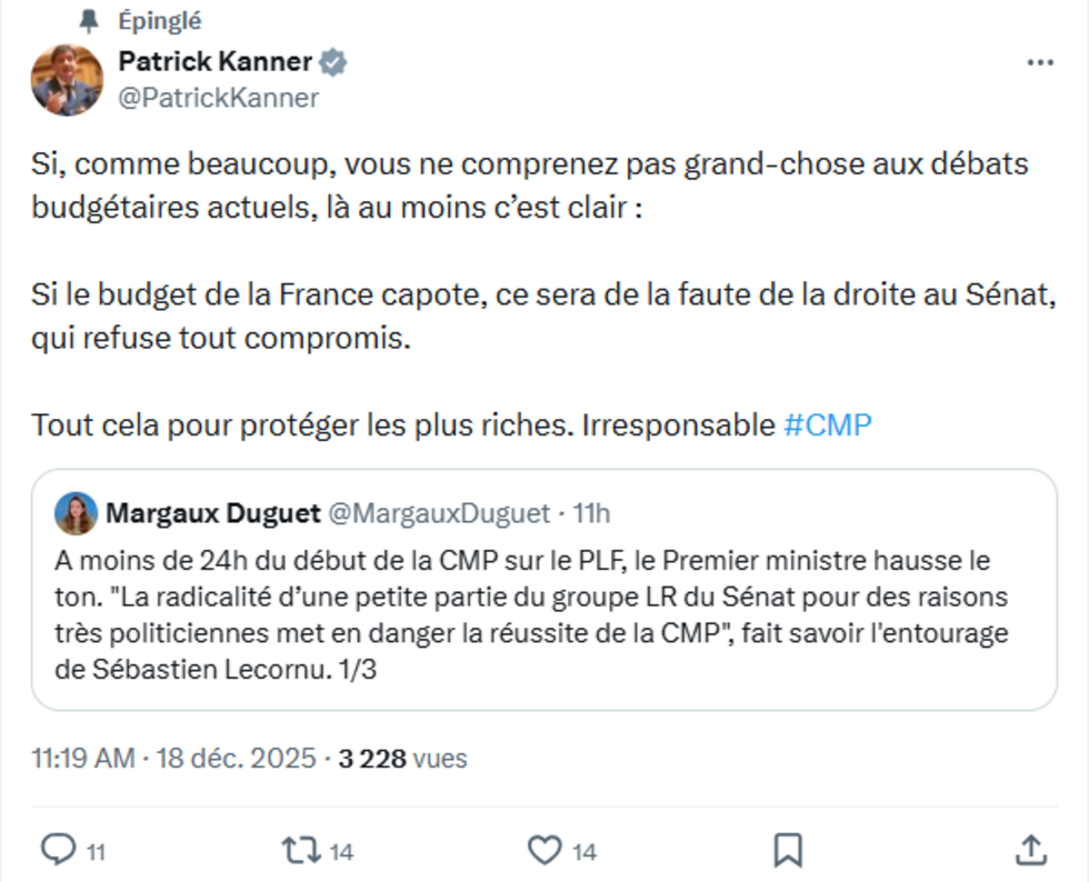 Patrick Kanner, le président du PS au Sénat, commente sur X les débats sur le budget, à la veille d'une commission mixte paritaire.