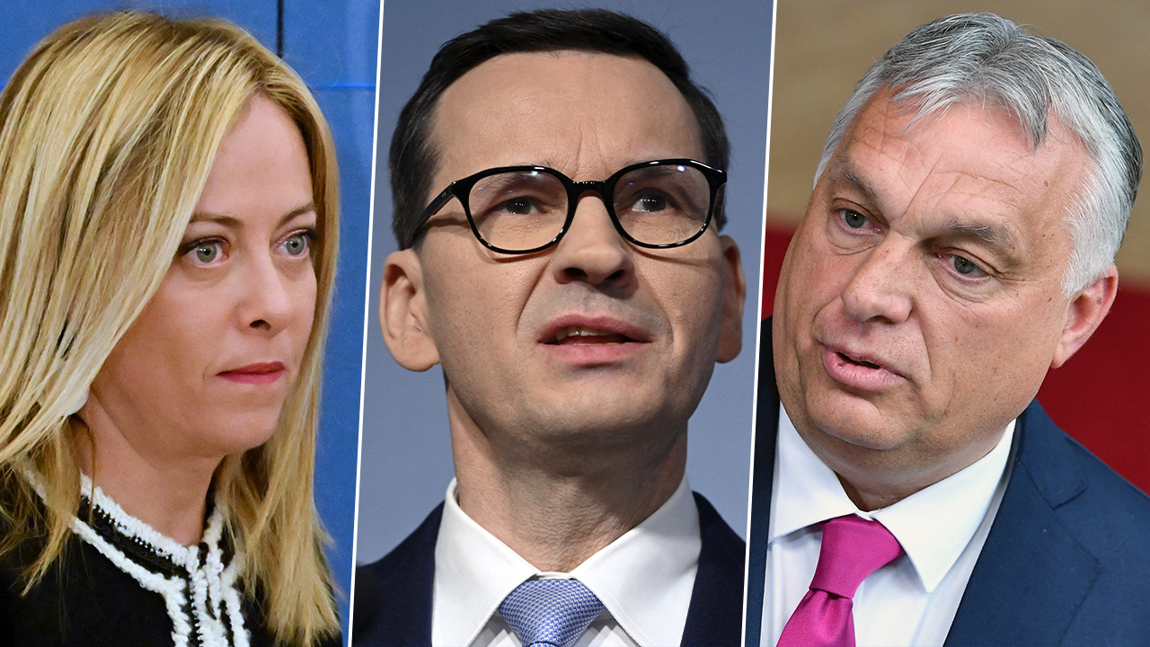 Combinación de imágenes, de izquierda a derecha: la primera ministra de Italia, Giorgia Meloni, el primer ministro de Polonia, Mateusz Morawiecki, y el primer ministro de Hungría, Viktor Orban.