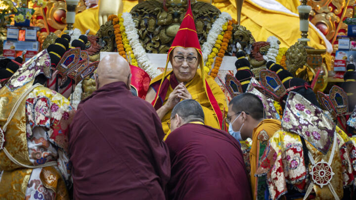 Tibetan spiritual leader the Dalai Lama presides over an event during which Tibetan exiles prayed for his longevity, a day before his 90th birthday, in Dharamshala, India on July 5, 2025.
