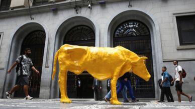 Una escultura llamada Vaca Magra de la artista Marcia Pinheiro fue instalada frente a la Bolsa de Valores brasileña como protesta, en Sao Paulo, Brasil 9 de diciembre de 2021.