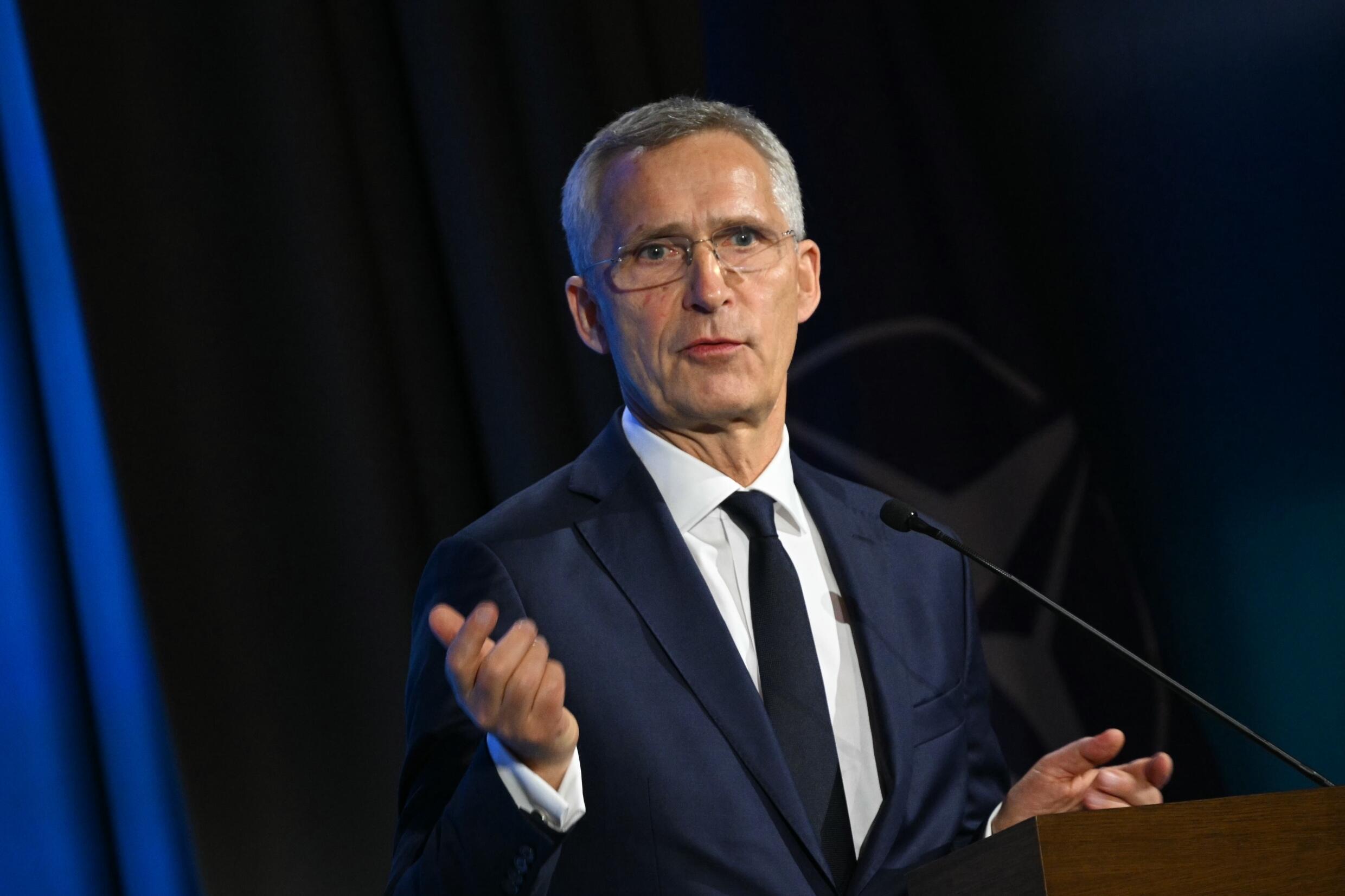 Le secrétaire général de l'Otan Jens Stoltenberg lors d'un discours devant la Chambre américaine du commerce, le 9 juillet 2024 à Washington