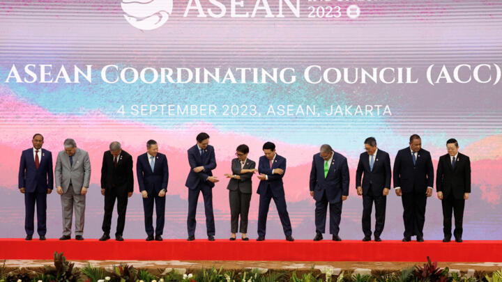 Foreign ministers and delegates prepare to pose for group photos during the 34th ASEAN Coordinating Council (ACC) meeting, ahead of the ASEAN Summit, at the ASEAN Secretariat in Jakarta, Indonesia, September 4, 2023.