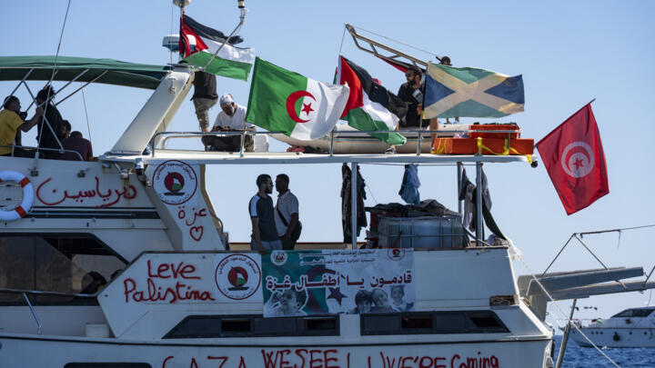 Members of the Global Sumud Flotilla to Gaza are seen moored at the small island of Koufonisi, south of the island of Crete, Greece, on September 26, 2025.