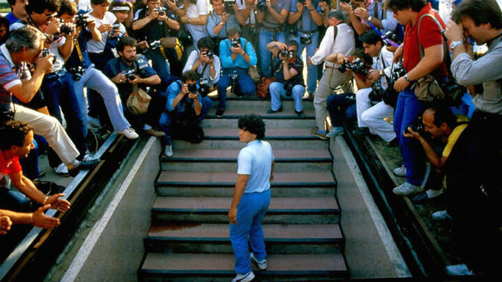 Diego Maradona arrives at the Stadio San Paolo in Naples in the summer of 1984.