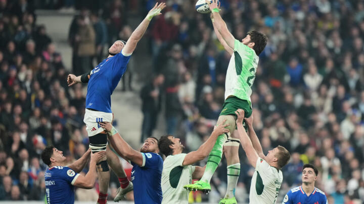 South Africa's Ruan Nortje, right, claims a line out during the rugby union Nations Series match between France and South Africa in Saint-Denis, outside Paris on November 8, 2025.
