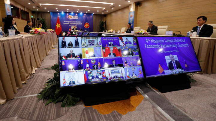 Vietnam's Prime Minister Nguyen Xuan Phuc chairs the fourth Regional Comprehensive Economic Partnership Summit as part of the 37th ASEAN Summit in Hanoi, Vietnam, on November 15, 2020.