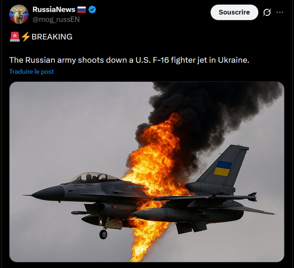Cette photo de la destruction d'un F-16 publiée le 12 janvier 2026 a été générée par IA.