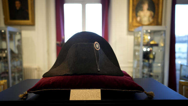 One of the signature broad, black hats that Napoleon wore at Osenat's auction house in Fontainebleau, south of Paris, Friday, November 17, 2023.