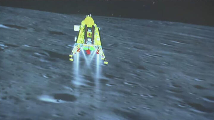 This handout screen grab shows the Chandrayaan-3 spacecraft seconds before its successful lunar landing on the south pole of the Moon on August 23, 2023.