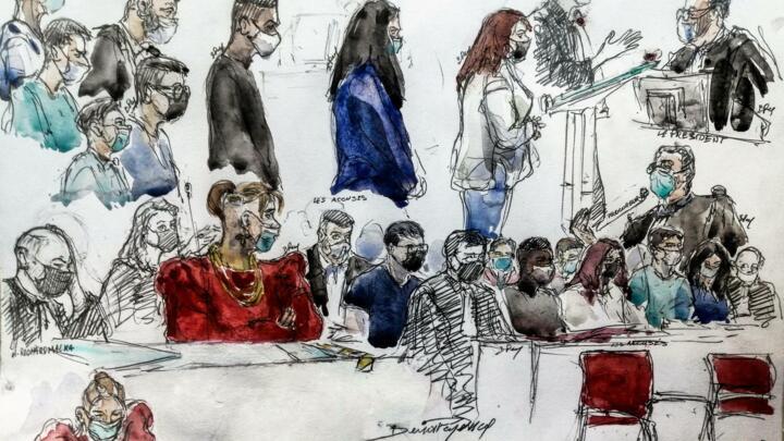 Court-sketch done on June 3, 2021 in Paris shows 18-year-old Mila (red top) and defendants (coloured tops) during the opening hearing of the trial in the so-called "Mila" case.