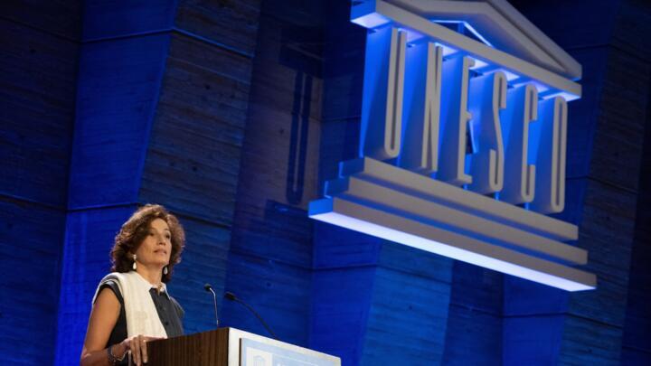 UNESCO Director-General Audrey Azoulay announces the United States' request to return to the institution at the UNESCO headquarters in Paris on June 12, 2023.