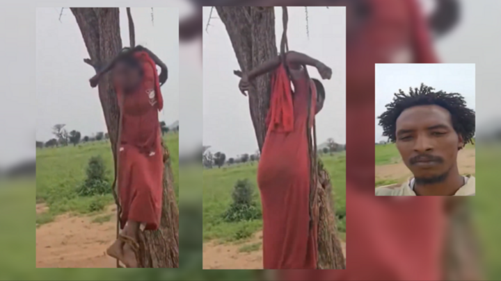 A video, likely filmed in Central Darfur, showing a woman hanging by her arms has sparked outrage. The man filming himself with her is a member of the Rapid Support Forces. The victim's face was blurred by our team.