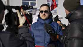 Leader of Greenland's centre-right Demokraatit party Jens Frederik Nielsen talks to journalists during a march to the US consulate during a demonstration on March 15, 2025.