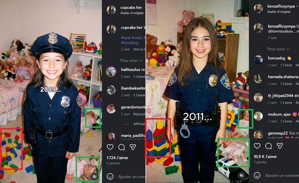 À gauche, une vidéo de copcake.her&nbsp;; à droite, une vidéo de kenzaflicsympa. Détourage par la rédaction des Observateurs.