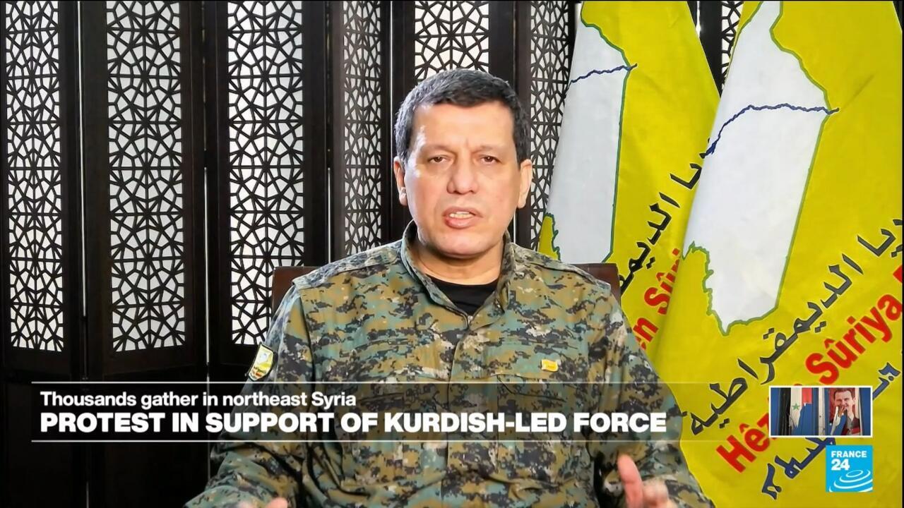 Mouzlam Abdi, the military leader of the Kurdish-led Syrian Democratic Forces (SDF) speaks with France 24 via video call on December 19, 2024.