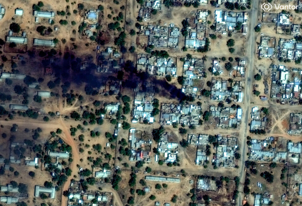 A satellite image taken on October 26, 2025, shows smoke rising near a location where indications of massacres were observed in El-Fasher's Daraja Oula district in Sudan. (geolocation: 13.631629096548048, 25.325599230522496).