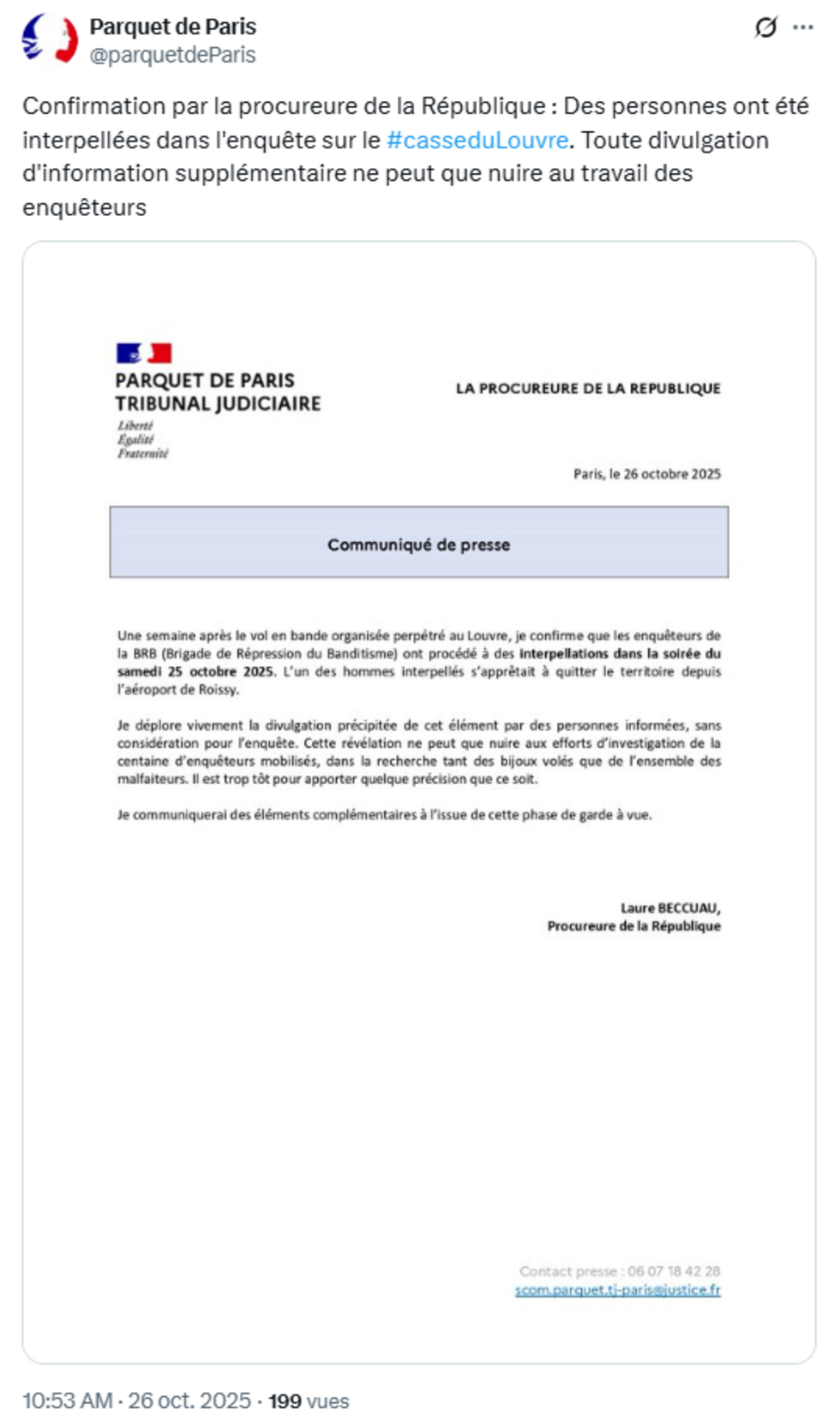 Capture d'écran du compte du parquet de Paris.