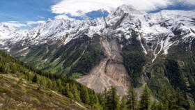 Photo of the Bietschhorn mountain in the Swiss Alps on May 29, 2025, shows the destruction from the collapsed Birch Glacier.