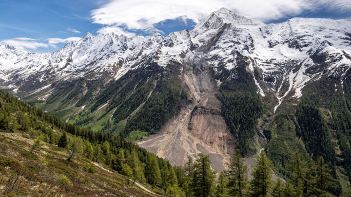 Photo of the Bietschhorn mountain in the Swiss Alps on May 29, 2025, shows the destruction from the collapsed Birch Glacier.