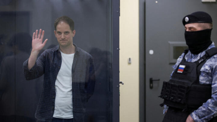 A file photo of Wall Street Journal reporter Evan Gershkovich, who is in custody on espionage charges, attending a court hearing in Moscow, Russia, April 23, 2024.