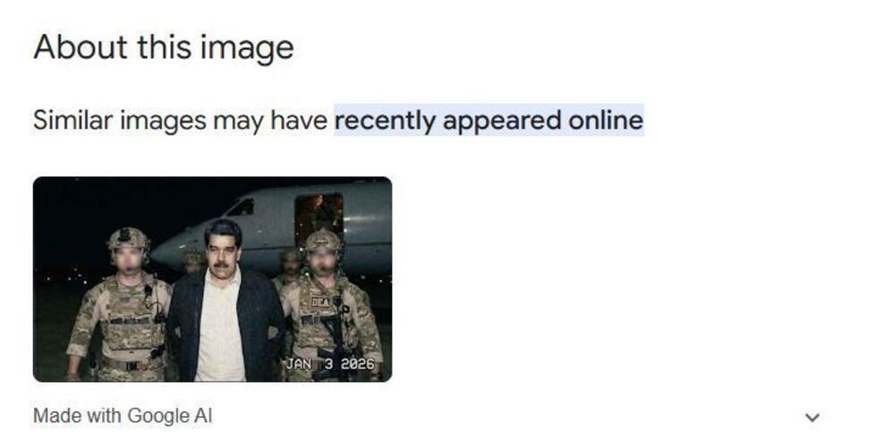 Google Lens geeft aan dat deze afbeelding van Nicolas Maduro is gegenereerd door Nano Banana Pro.