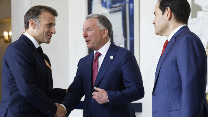 French President Emmanuel Macron with US Middle East envoy Steve Witkoff and US Secretary of State Marco Rubio on April 17, 2025.