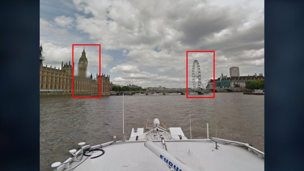 Big Ben et le Parlement britannique vus depuis le pont de Westminster. Google Maps.