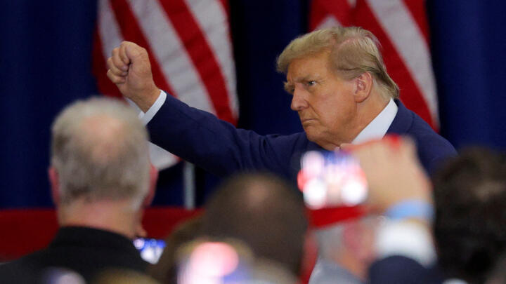 Republican presidential candidate and former US President Donald Trump gestures during a campaign rally in Green Bay, Wisconsin, US, April 2, 2024.