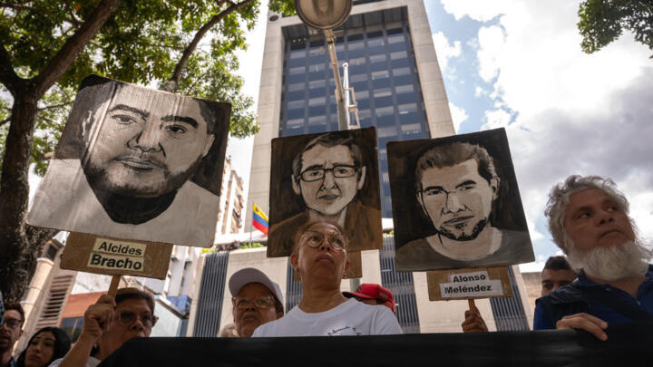 Protesters gather outside the headquarters of the Public Prosecutor's Office in Caracas, Venezuela on August 22, 2023.