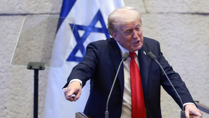 US President Donald Trump addresses the Knesset, amid a US-brokered prisoner-hostage swap and ceasefire deal between Israel and Hamas, in Jerusalem, October 13, 2025.