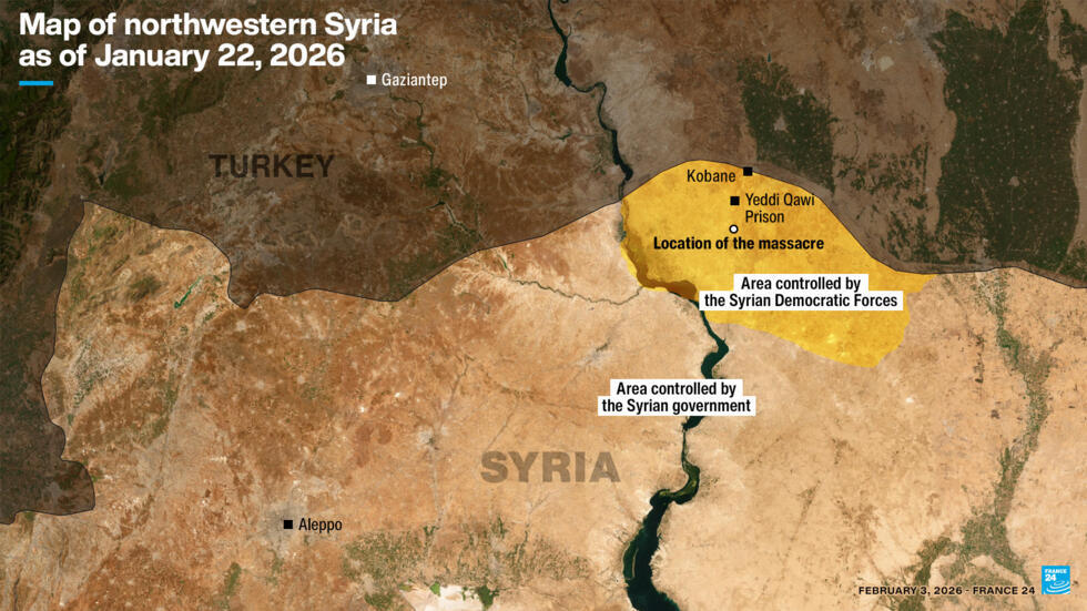 The yellow indicates the area that was still under the control of the Syrian Democratic Forces on January 22, 2026, the date when the video was filmed. The massacre took place in this area.