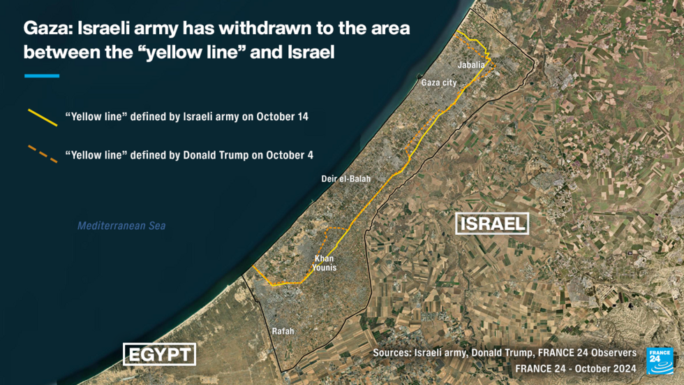 This map shows the differing “yellow lines” as defined by the Israeli army and Donald Trump.