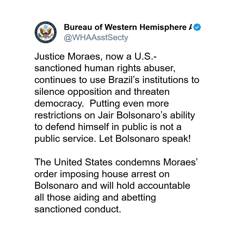 "Let Bolsonaro speak!," Bureau of Western Hemisphere Affairs posted on X on social media.