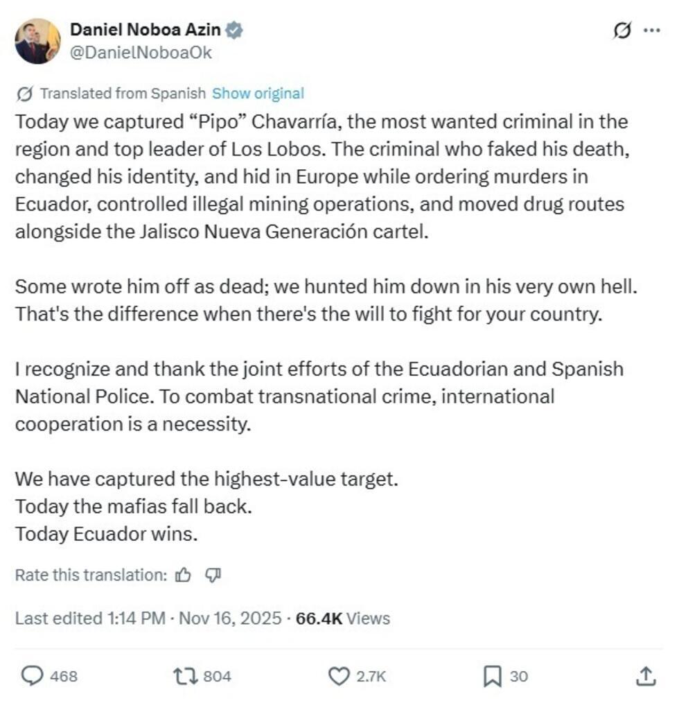 President Daniel Noboa announces the capture of 'Pipo' Chavarria on X.