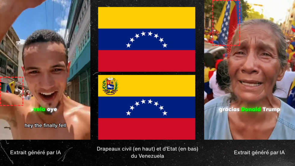 Σε αυτά τα δύο βίντεο κλιπ (αριστερά και δεξιά), η σημαία της Βενεζουέλας απεικονίζεται λανθασμένα. Στα αριστερά, εμφανίζεται ένα αστέρι αντί για το έμβλημα που είναι ορατό στη σημαία του κράτους (παρακάτω). Στα δεξιά, εμφανίζεται μια σημαία με τουλάχιστον δεκαπέντε αστέρια, σε σύγκριση με οκτώ στην επίσημη σημαία.