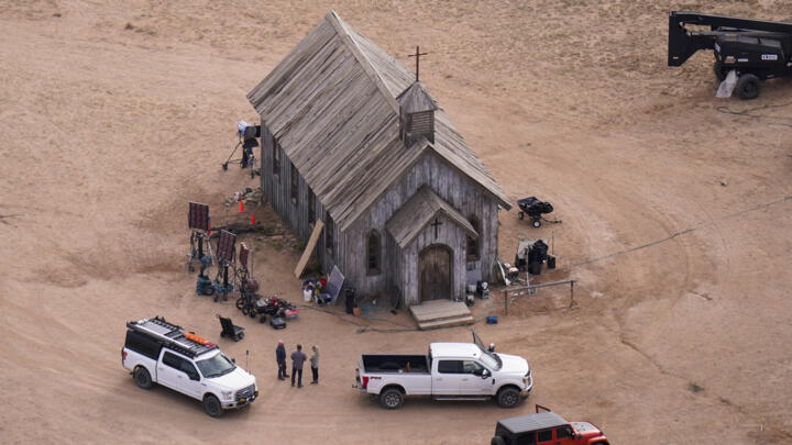 File: This aerial photo shows the movie set of "Rust" at Bonanza Creek Ranch in Santa Fe, NM, on Saturday, October 23, 2021.