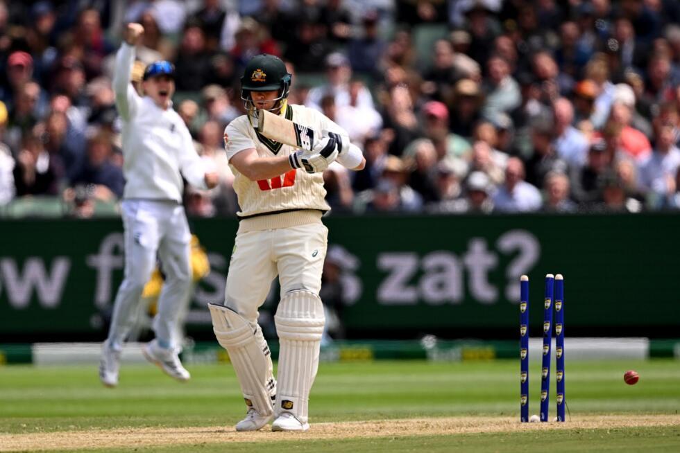 Steve Smith is bowled by Josh Tongue on the first day of the fourth Ashes Test