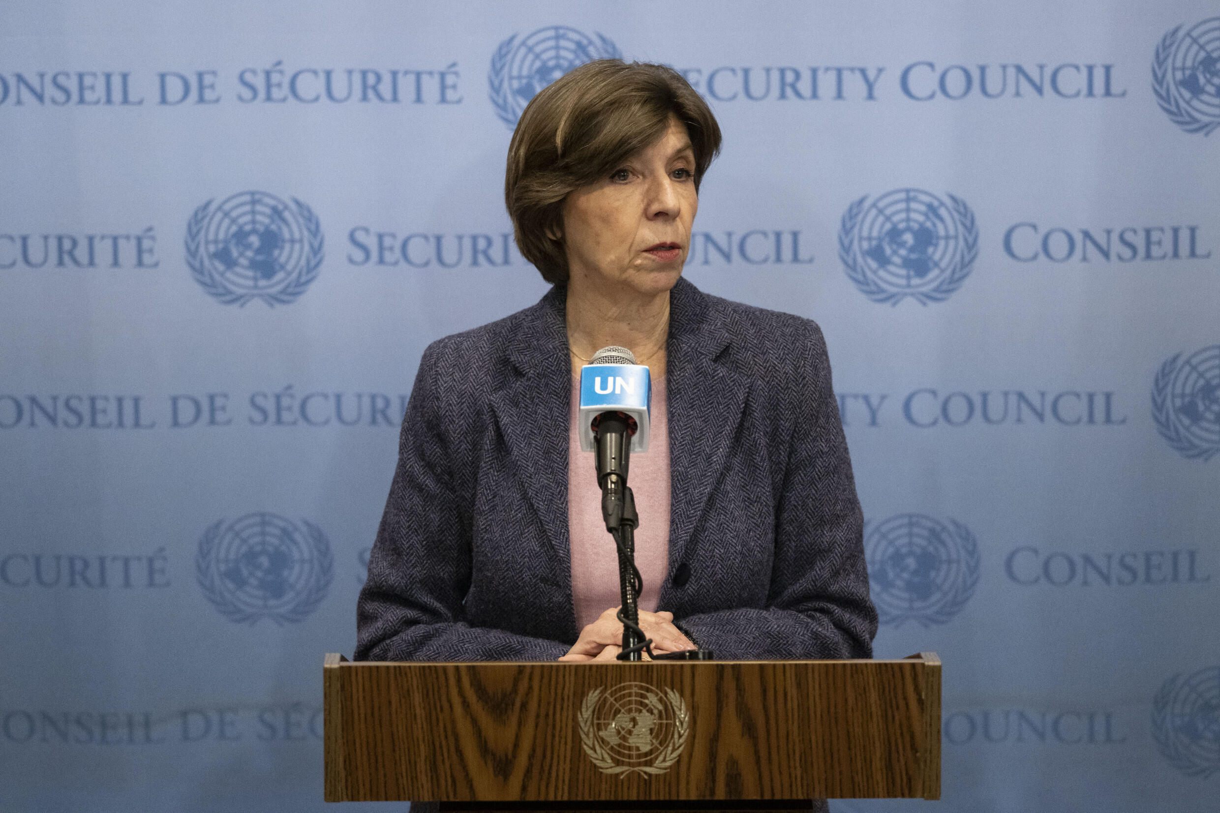 Catherine Colonna, présidente du groupe d'experts indépendants chargé d'une mission d'évaluation de l'Unrwa, au siège de l'ONU à New York, au États-Unis, le 22 février 2024