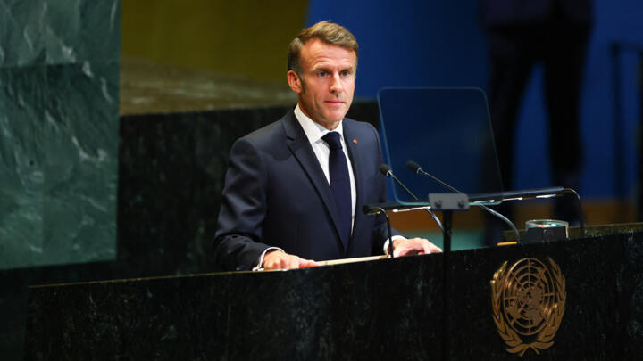 French President Emmanuel Macron addresses a UN summit on Palestine at UN headquarters in New York, September 22, 2025.