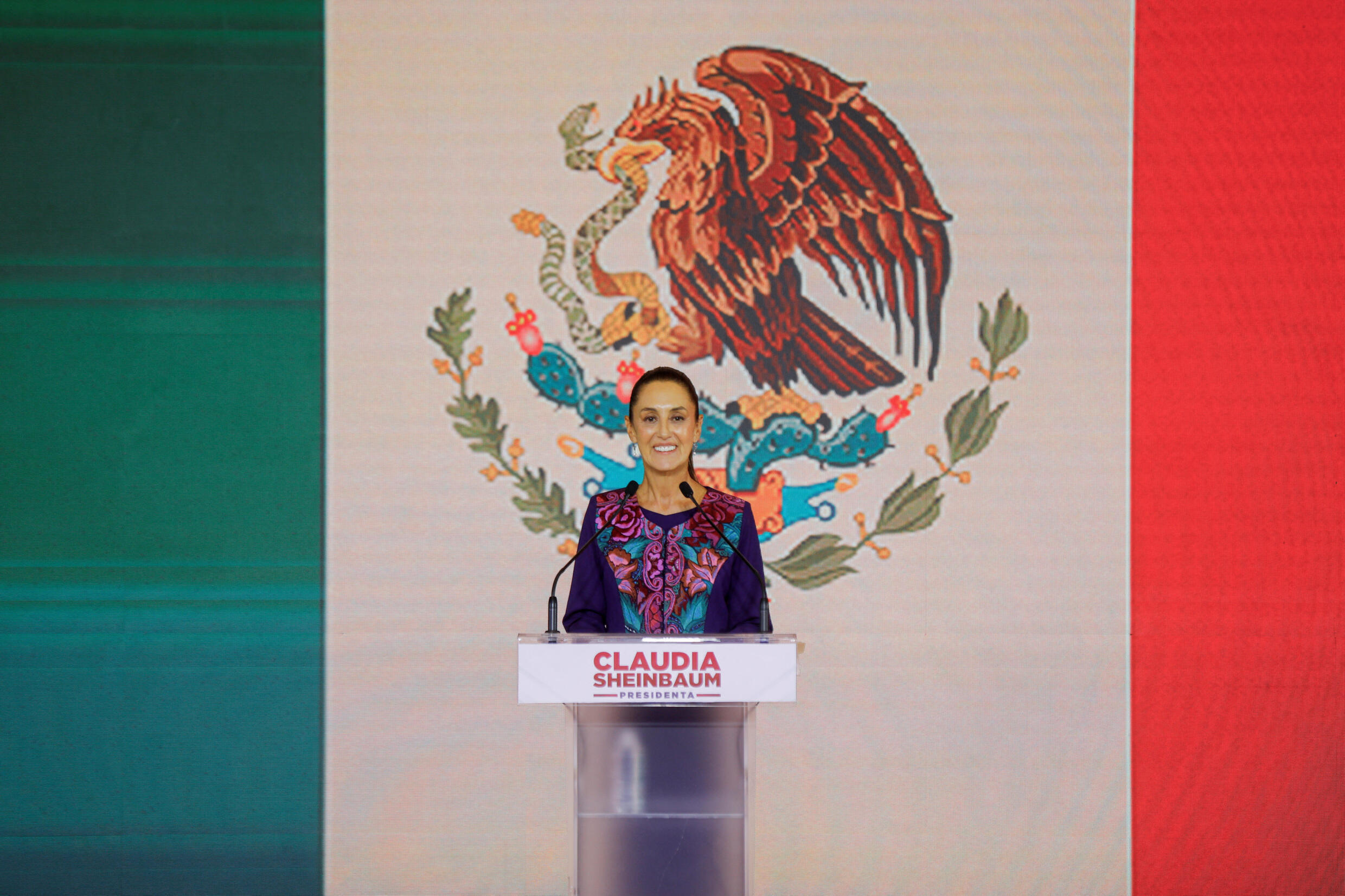 Claudia Sheinbaum, candidate à la présidence pour le parti MORENA au pouvoir, s'adresse à ses partisans après avoir remporté l'élection, à Mexico (Mexique), le 3 juin 2024.