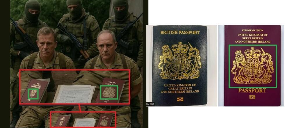 La photo de la prétendue capture des militaires britanniques a été générée par IA. Leurs prétendus passeports présentent des anomalies graphiques le prouvant, comme l’écusson présent sur la couverture, différent de celui visible sur les passeports authentiques (à droite).