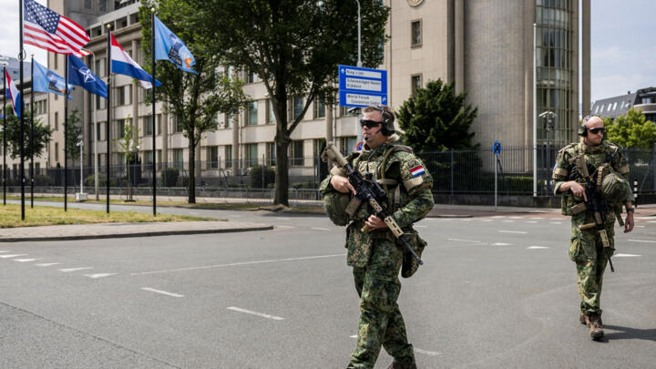 Security forces patrol the area around the World Forum venue ahead of the two-day NATO summit in The Hague, on June 22, 2025.