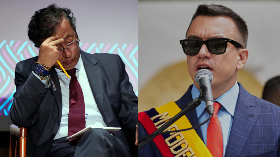 El presidente Daniel Noboa pronuncia un discurso durante la ceremonia de cambio de mando de las fuerzas armadas en Quito, Ecuador, el miércoles 26 de noviembre de 2025. / El presidente colombiano Gustavo Petro asiste a una ceremonia que conmemora el noveno aniversario de la firma de un acuerdo de paz entre el Estado y las Fuerzas Armadas Revolucionarias de Colombia (FARC), en Bogotá, Colombia, el miércoles 26 de noviembre de 2025.