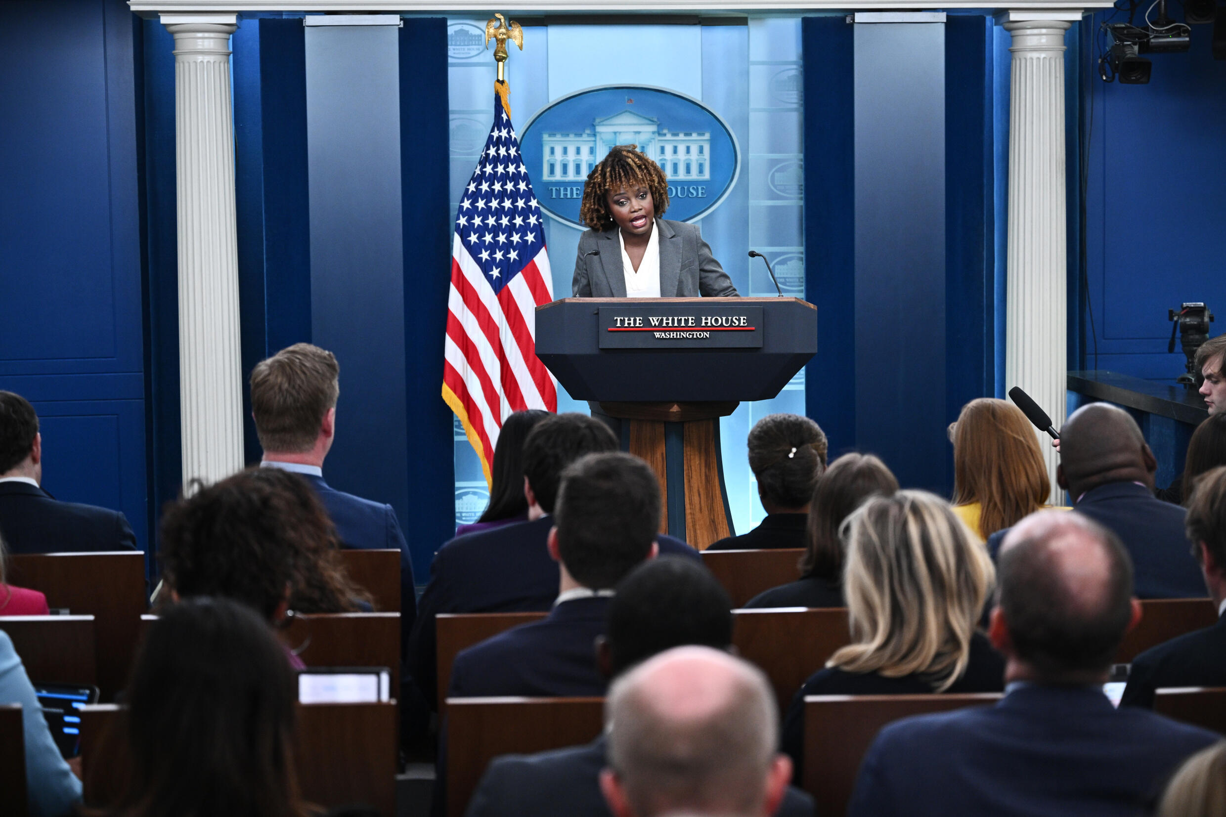 La porte-parole de la Maison Blanche, Karine Jean-Pierre, le 19 avril 2024 à Washington.
