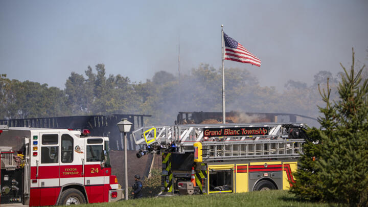 Emergency services respond to a shooting and fire at the Church of Jesus Christ of Latter-day Saints on September 28, 2025 in Grand Blanc, Michigan.