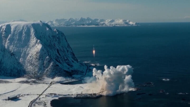 A test launch of a small rocket made by German startup ISAR Aerospace at Andoya Spaceport in Norway on March 30, 2025.