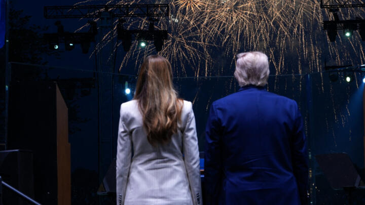 President Donald Trump and First Lady Melania Trump watch fireworks during the celebration of the Army's 250th birthday on the National Mall on June 14, 2025 in Washington, DC.